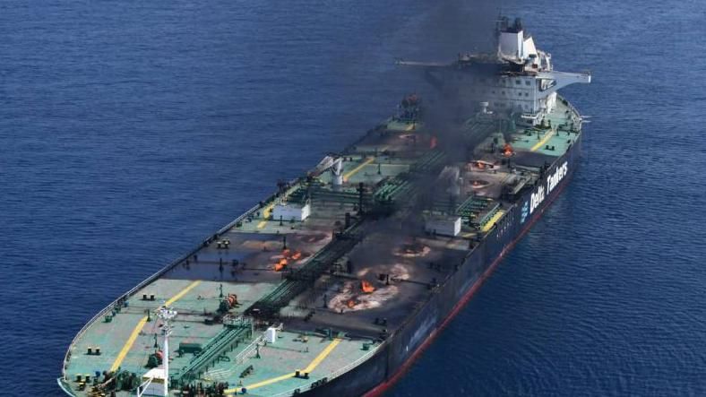 The Sounion tanker in the Red Sea, with fires burning on its deck