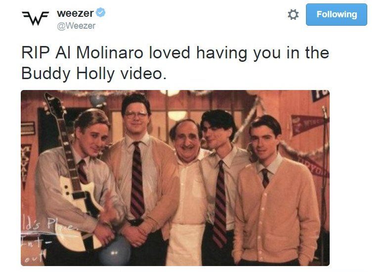 Weezer tweet: RIP Al Molinaro, loved having you in the Buddy Holly video