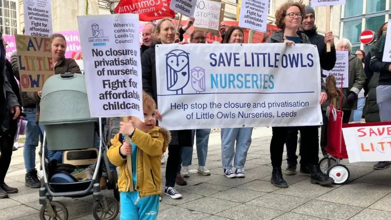 Campaigners protesting little owls nursery closures in Leeds