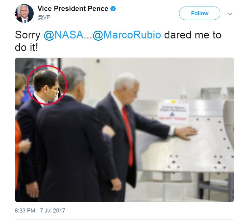 US Vice-President Mike Pence tweeted: "Sorry @Nasa... @MarcoRubio dared me to do it!"