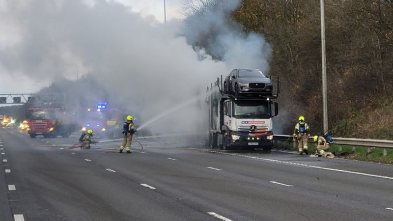 Car Transporter Fire Shuts M1 In Both Directions Bbc News
