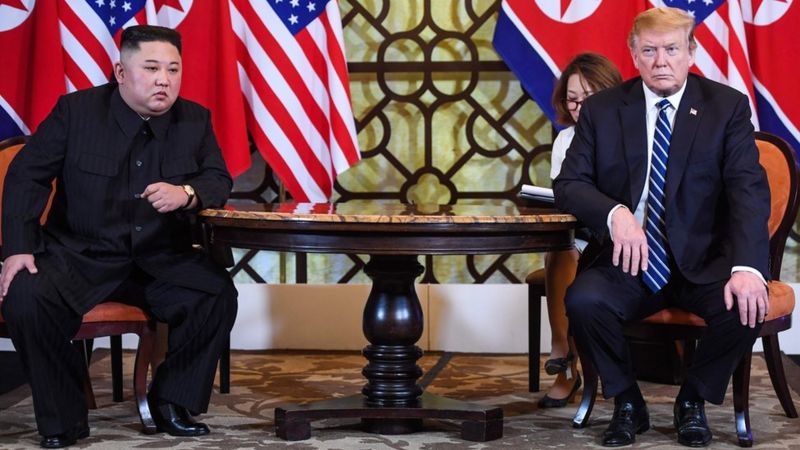 US President Donald Trump (R) holds a meeting with North Korea's leader Kim Jong Un during the second US-North Korea summit at the Sofitel Legend Metropole hotel in Hanoi on 28 February, 2019