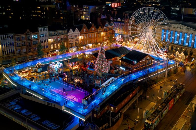 Drone images show Nottingham's winter wonderland and aerial rink BBC News