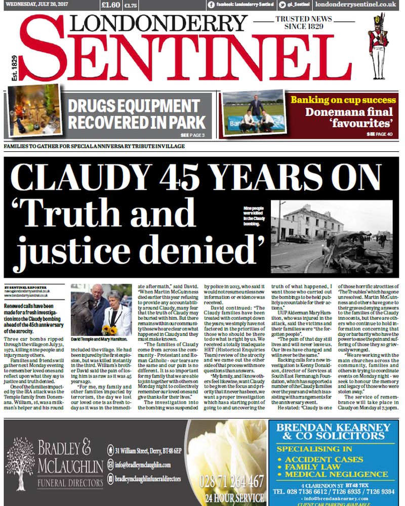 Front page Londonderry Sentinel Wednesday 26 July 2017