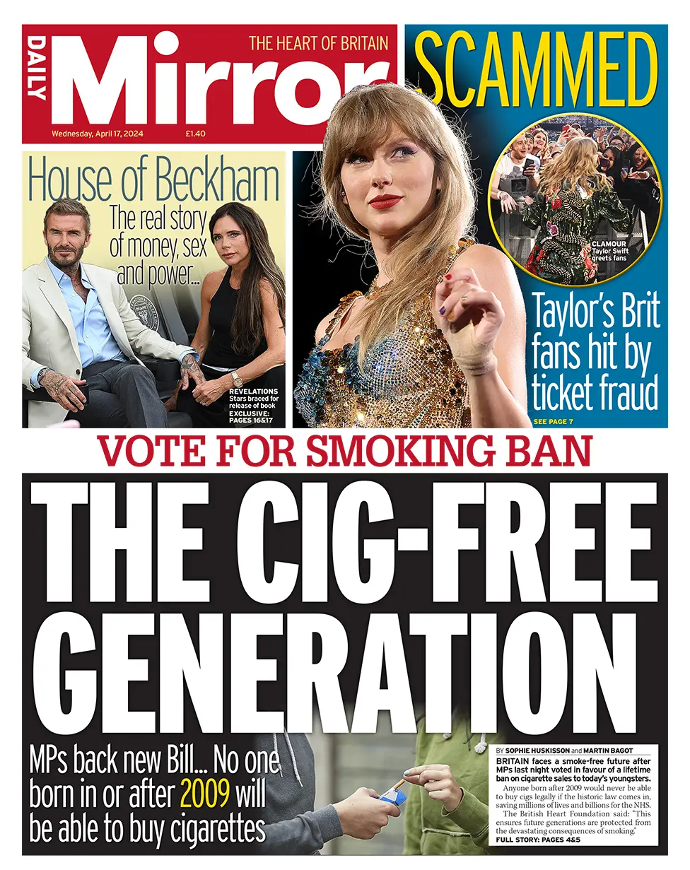 Newspaper headlines: School's prayer ban win and 'cig-free generation'