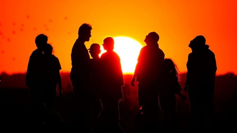 Силуэты людей на фоне солнца