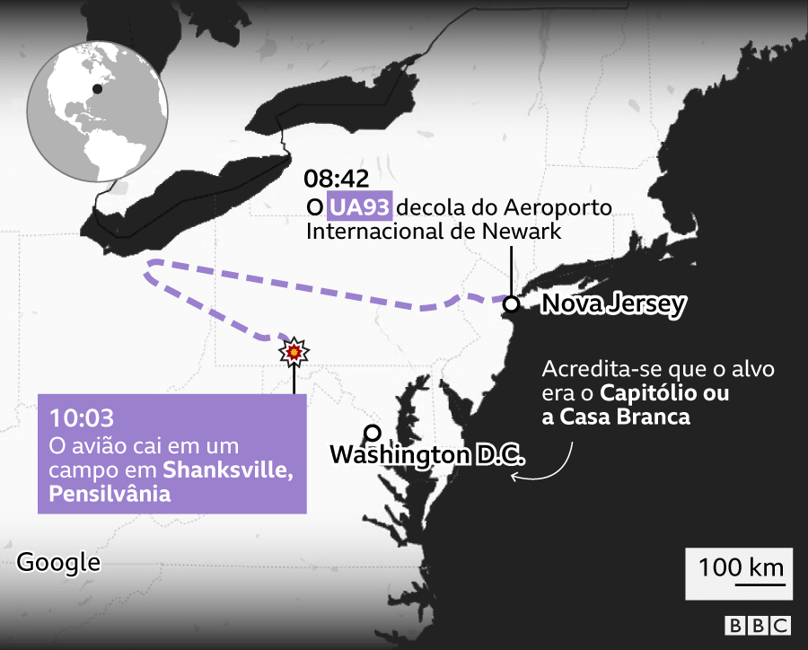 Infográfico do percurso do UA93 de Nova Jersey até cair em Shanksville