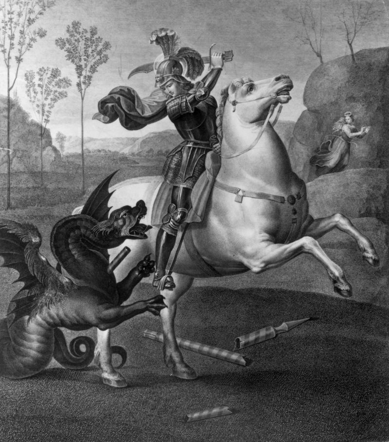 An illustration of George fighting the dragon