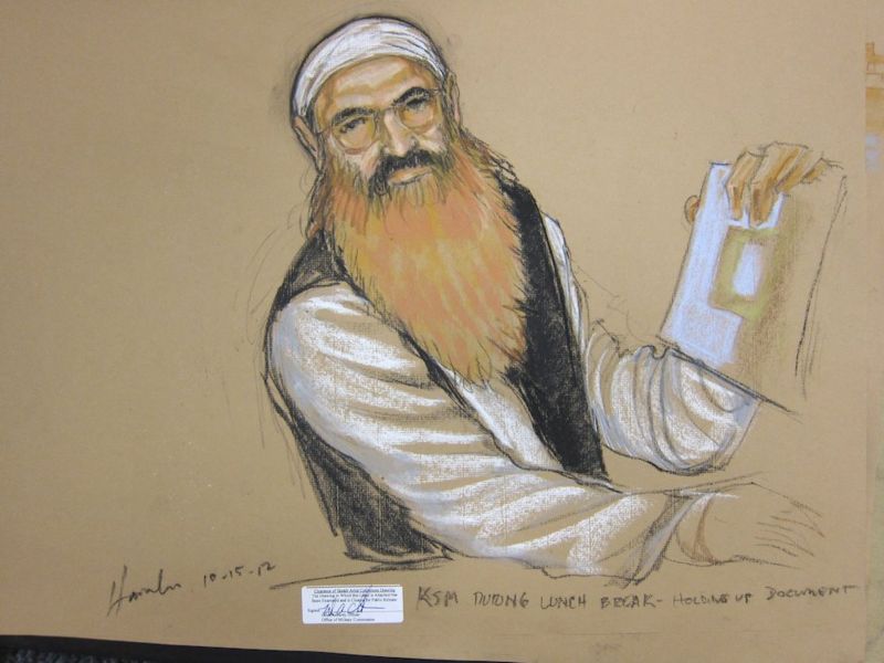 Ilustração de Khalid Sheikh Mohammed em tribunal em 2012