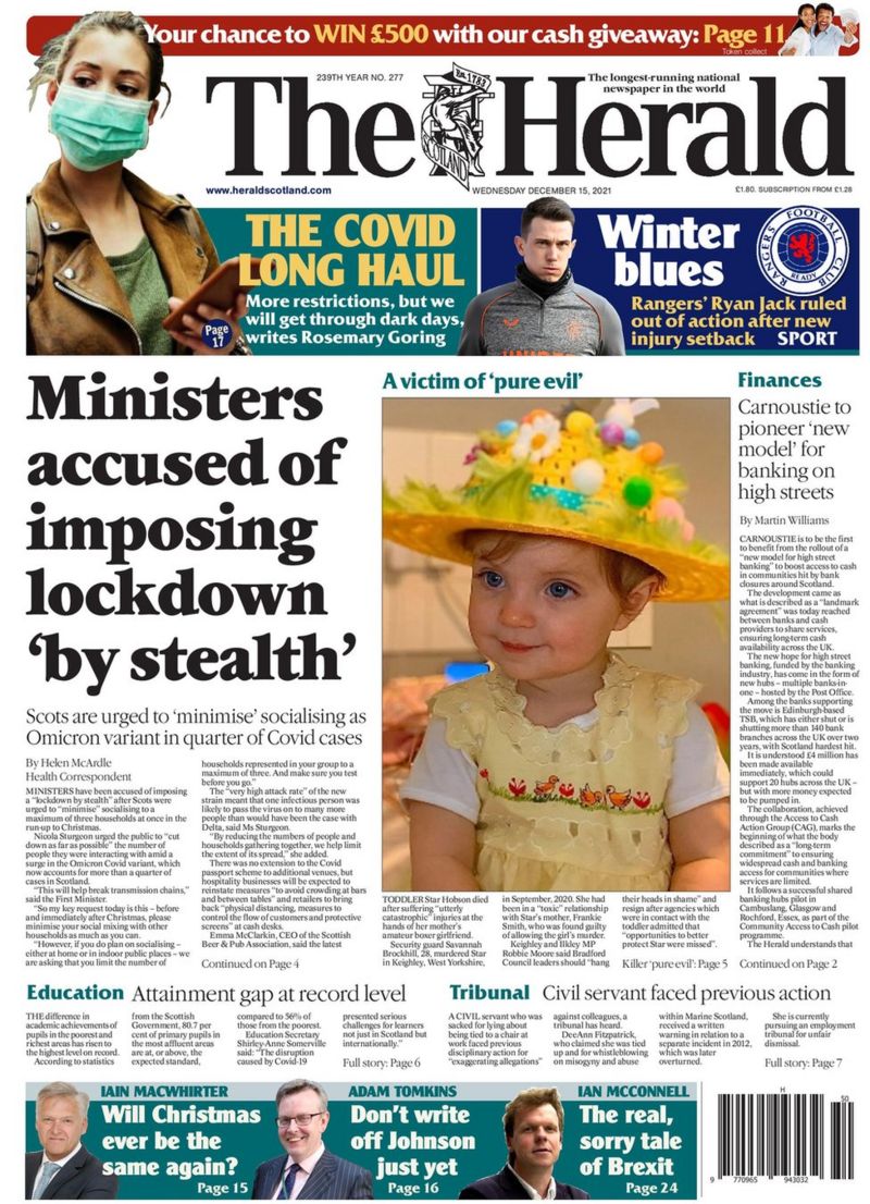 Scotland's Papers: 'Lockdown By Stealth' As Christmas Curbs Announced ...