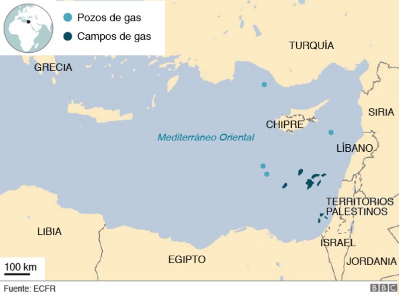 Campos y pozos de gas en el Mediterráneo.