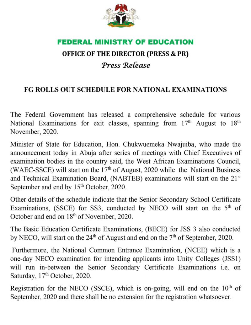 Nigerian Schools Resumption And Waec Examination Date: NECO, NABTEB ...