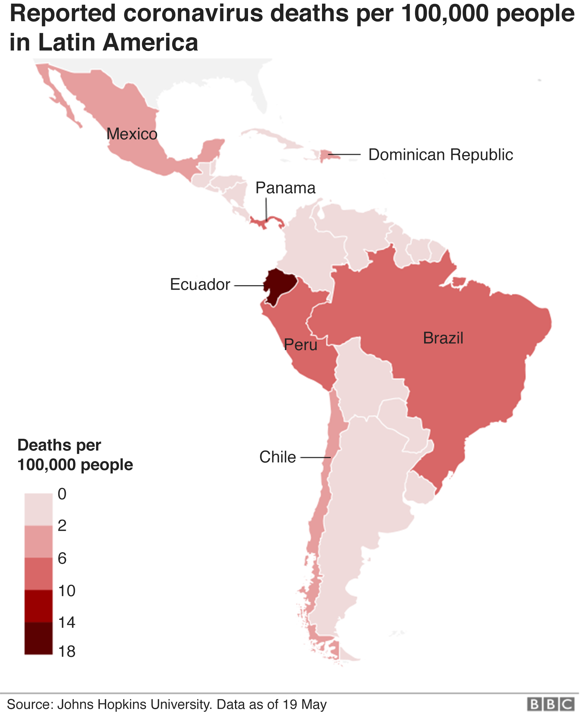 Reported coronavirus deaths per 100,000 people in Latin America