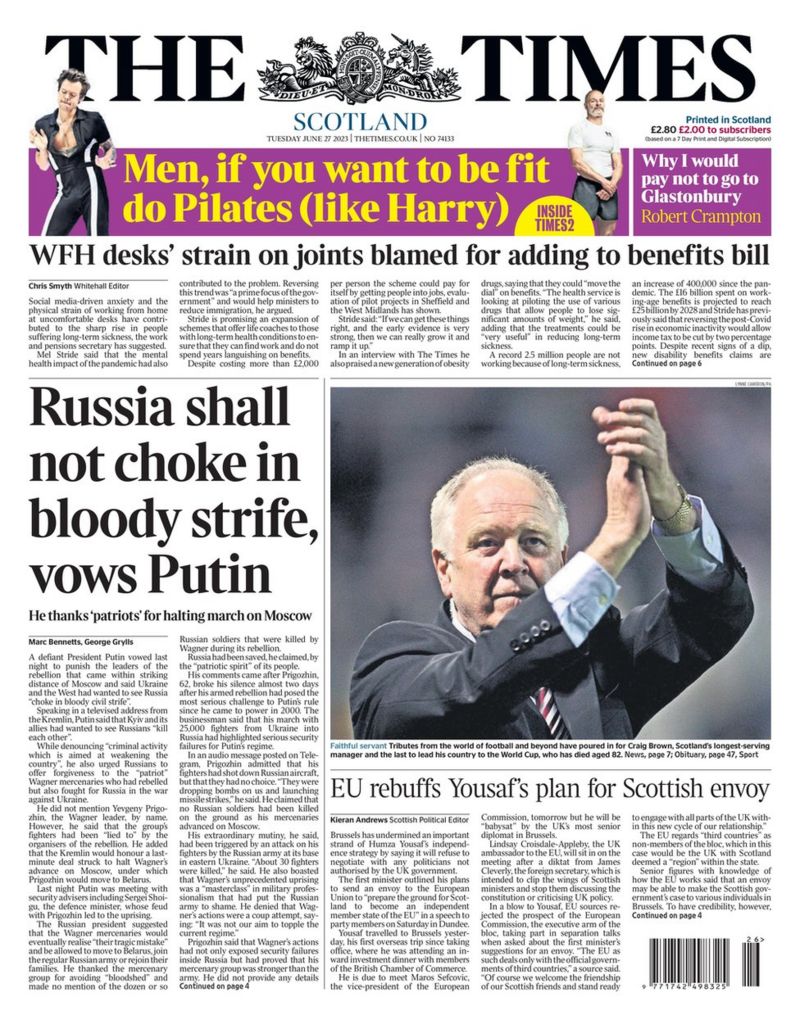 Scotland's papers: Football mourns Craig Brown and 'defiant' Putin ...