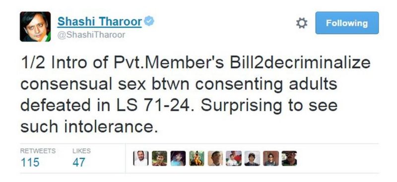 Shashi Tharoor India Mps Bill To Decriminalise Gay Sex Rejected Bbc 4351