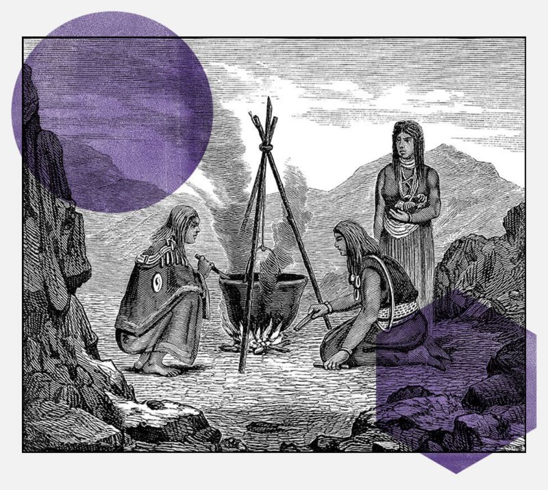 Gravura do século 19 mostrando mulheres mapuches cozinhando em aldeia na Argentina