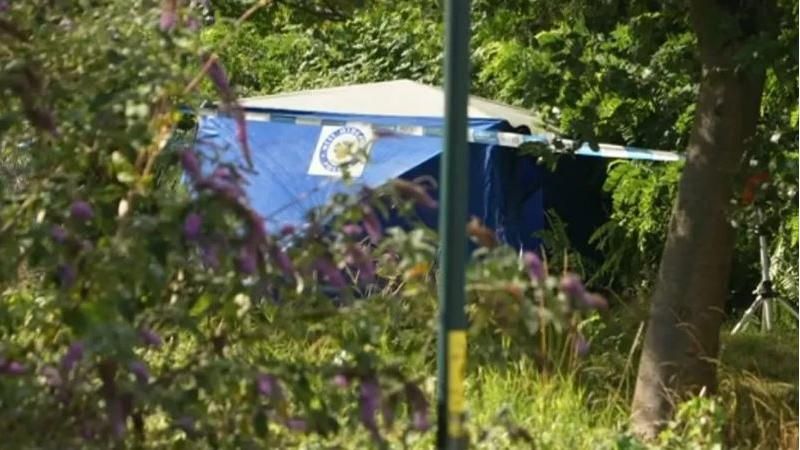 Blue police tent in woodlands