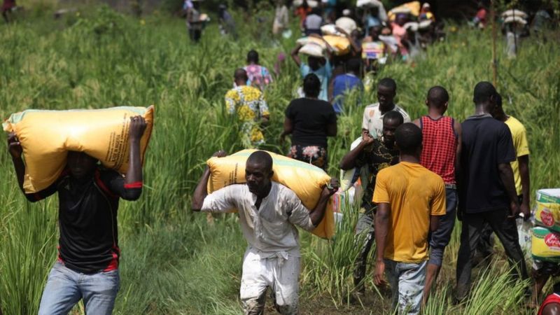 People carrying bags of grains