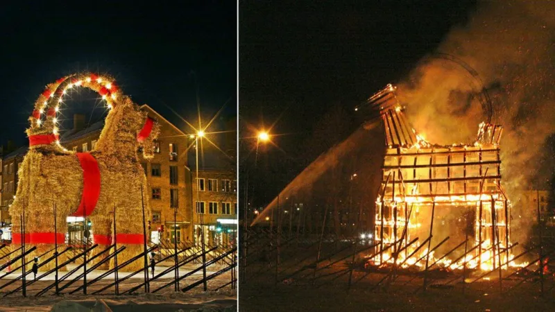 Escultura de cabra gigante é incendiada na Suécia.