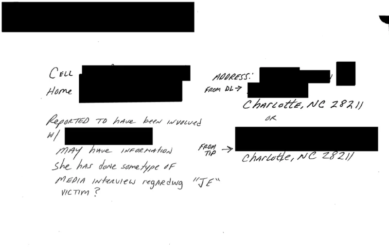 Partially redacted note from seized files