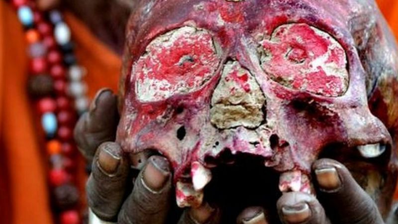 Um indivíduo aghori segurando um crânio humano em suas mãos.