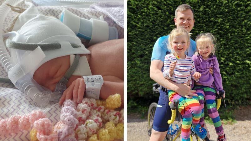 A baby in a neonatal unit, and Anthony with his twin daughters