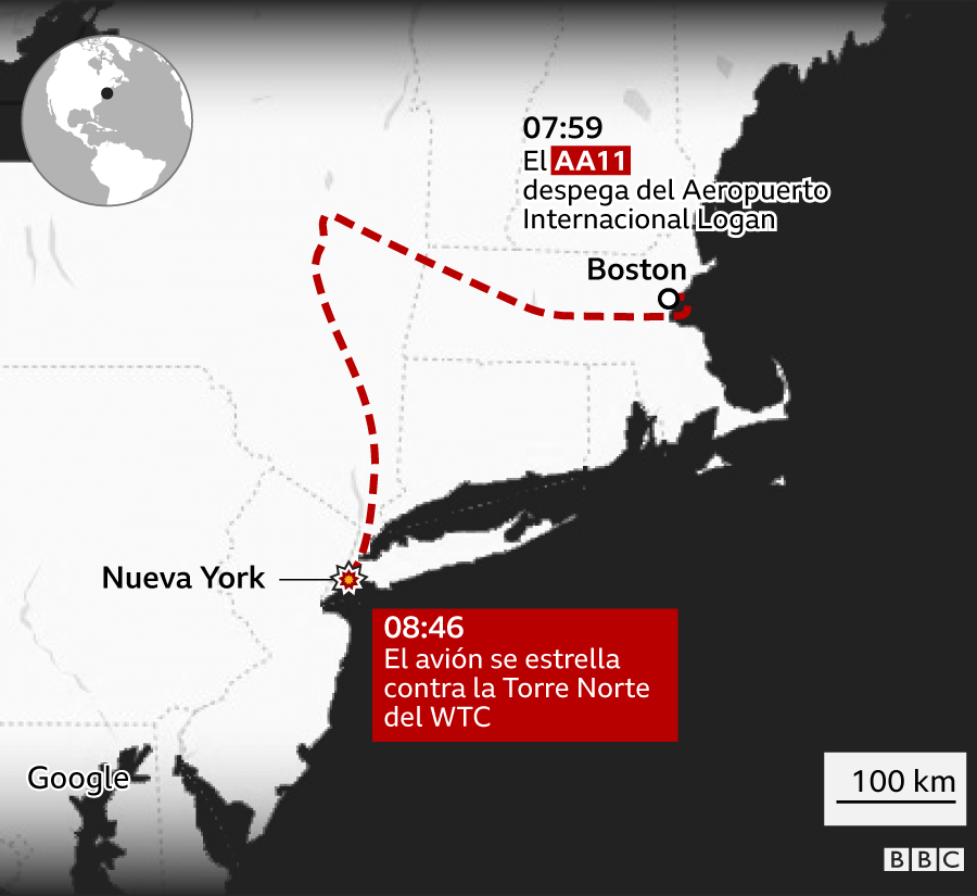 Infografía del recorrido del vuelo AA11 desde Boston hasta el momento que se estrella en Nueva York