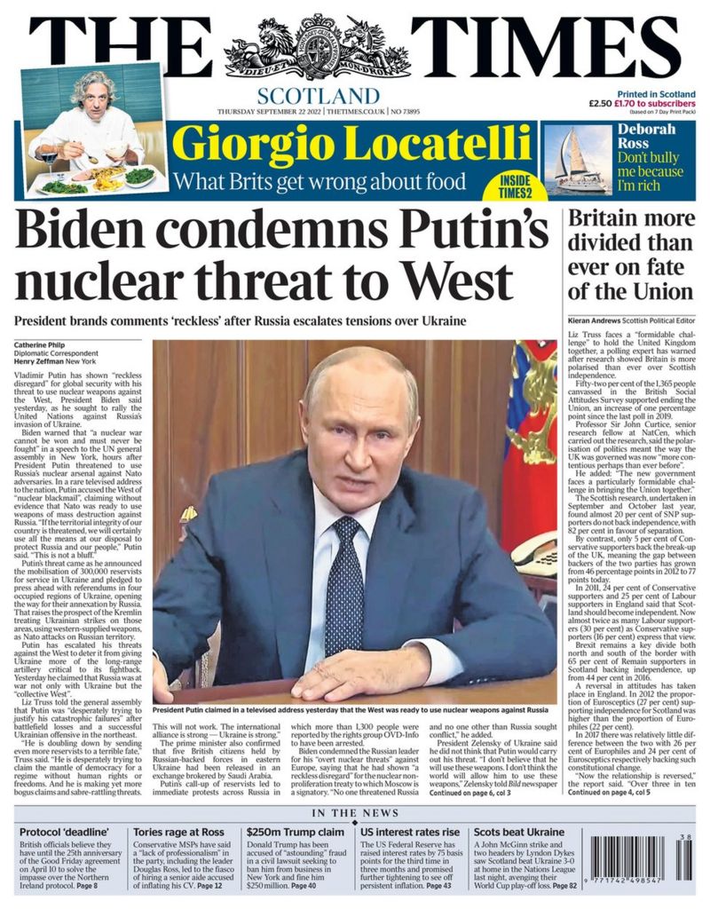 Scotland's papers: Putin's nuclear threat and Truss's tax 'gamble ...