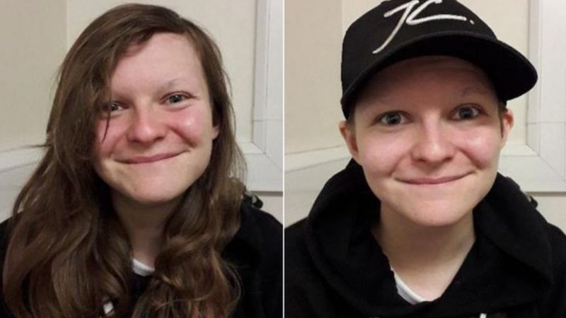 Gemma Watts com seu disfarce (à dir.) em que fingia ser um menino