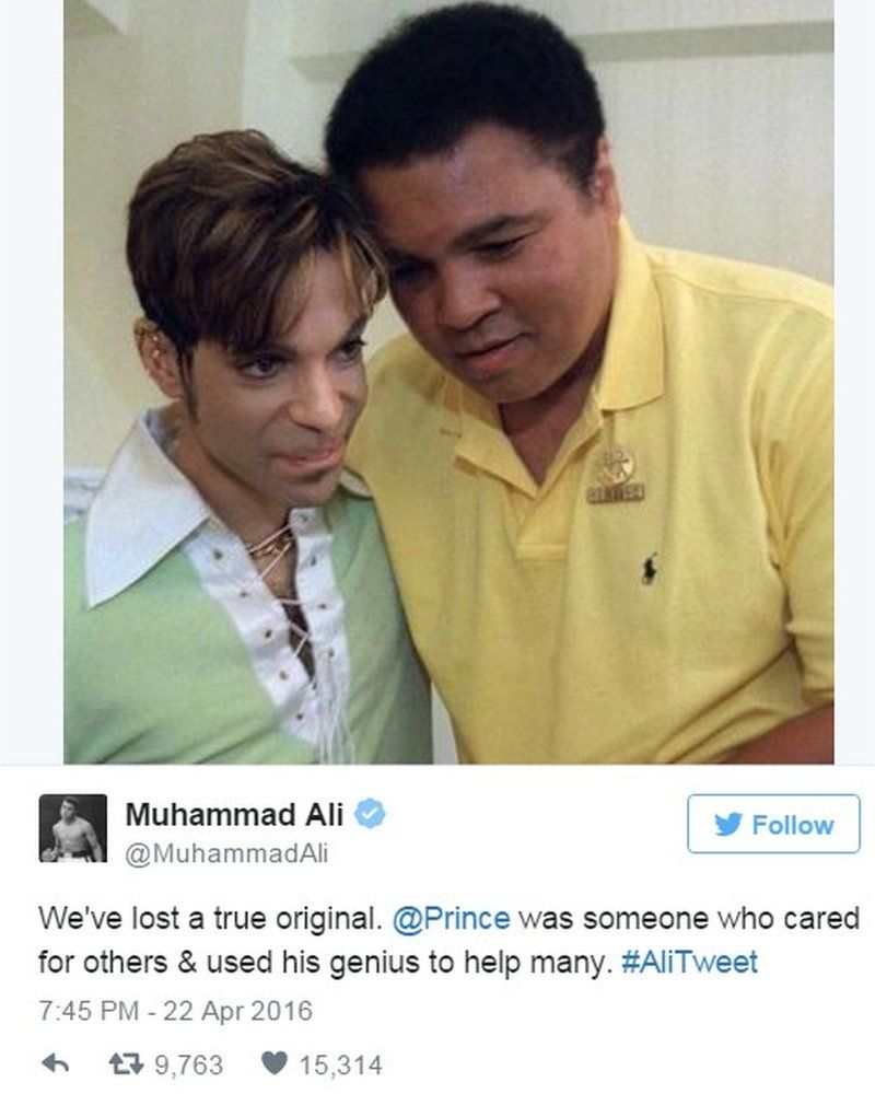 Tweet by Muhammad Ali on 22 April 2016 saying: "We've lost a true original. @Prince was someone who cared for others & used his genius to help many."