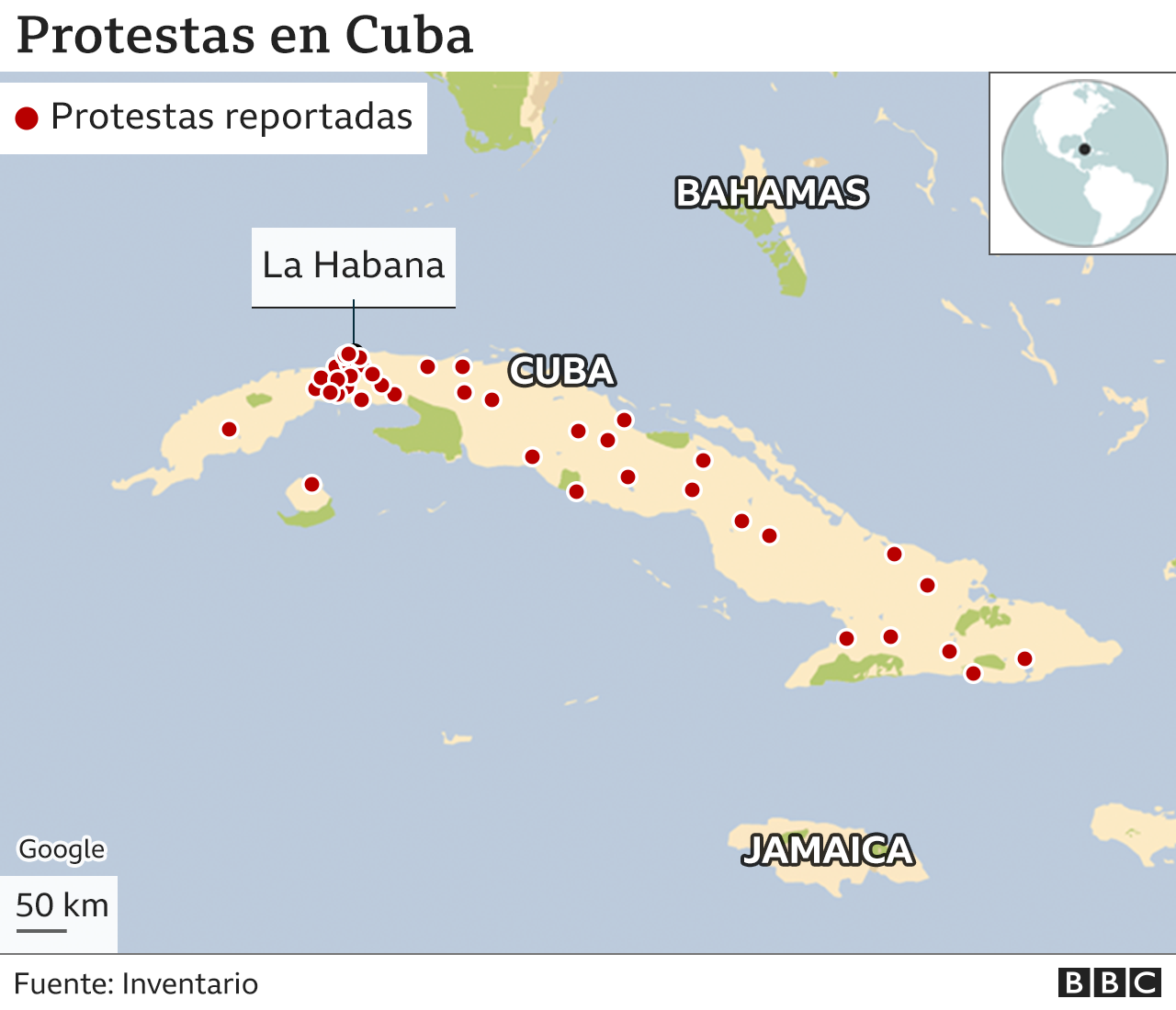Históricas protestas contra desabastecimiento, inflación, y falta de libertades en Cuba _119358332_cuba_protests_map-nc
