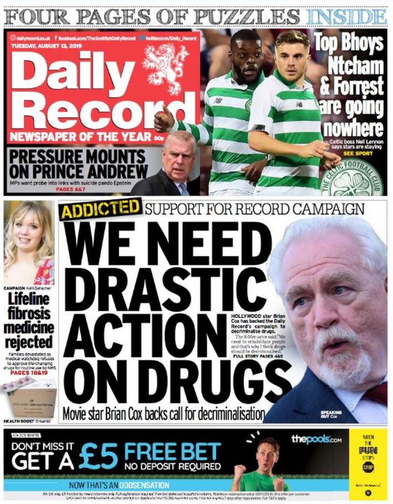 Scotland's papers: Anger over drugs shock and 'sick' fantasy league ...