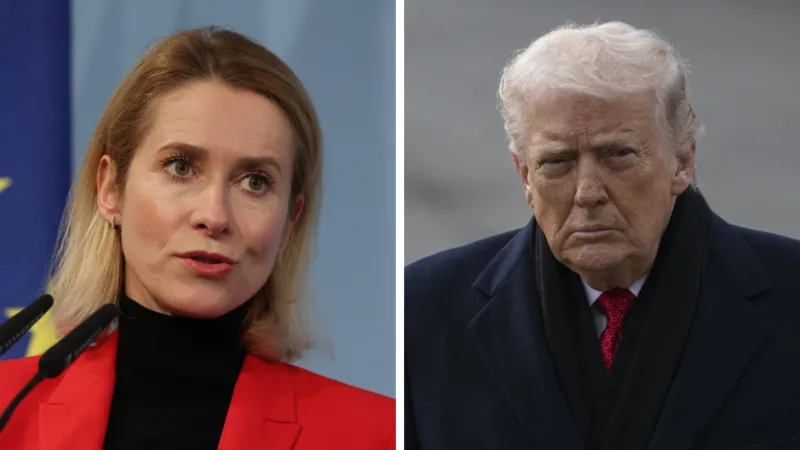 Composit image of Donald Trump and Kaja Kallas. Both are looking towards the camera, Kallas has two microphones in front of her whereas Trump is outside wearing a navy coat and a red tie.