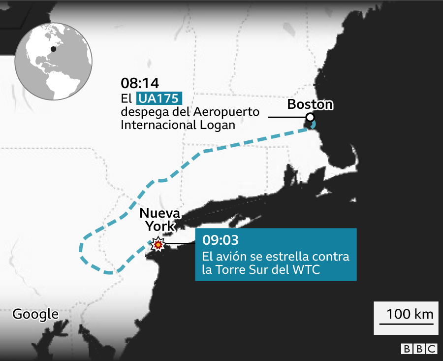 Infografía del recorrido del vuelo UA175 desde Boston hasta el momento que se estrella en Nueva York