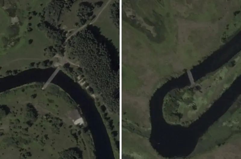 Aerial photos from 17 August show bridge structures across the river Seym near Glushkovo 