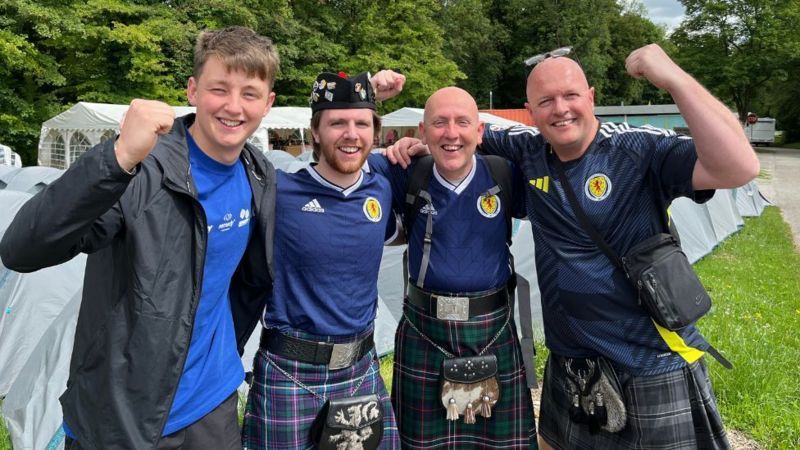 Scotland fans pose for the camera as they prepare for the Euro 2024 opener in Germany