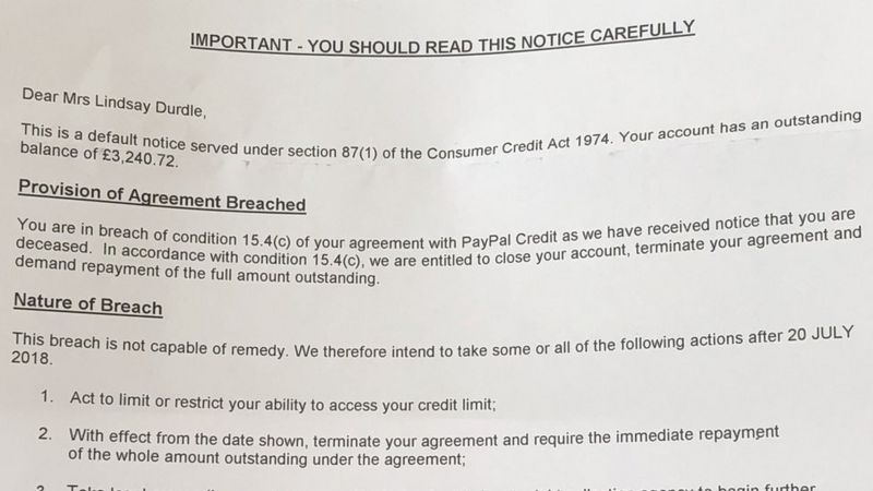 Carta de PayPal notificándole al señor Durdle que la muerte de su esposa era una infracción a sus reglas.