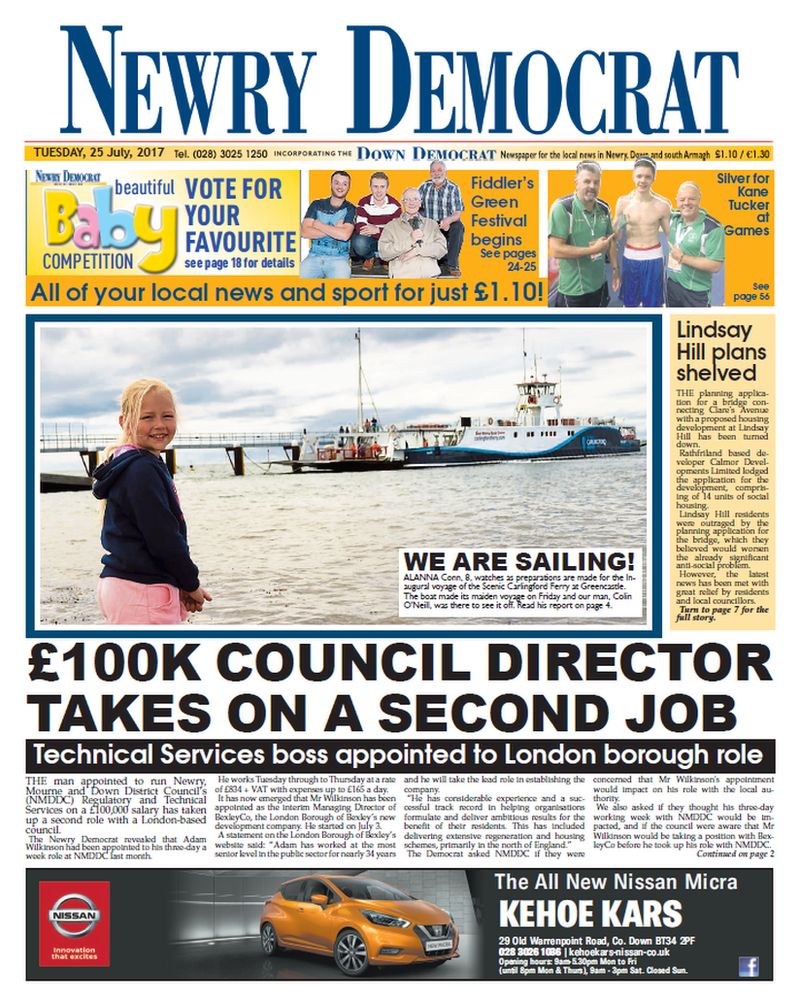 Front page of Newry Democrat, Tuesday 25 July