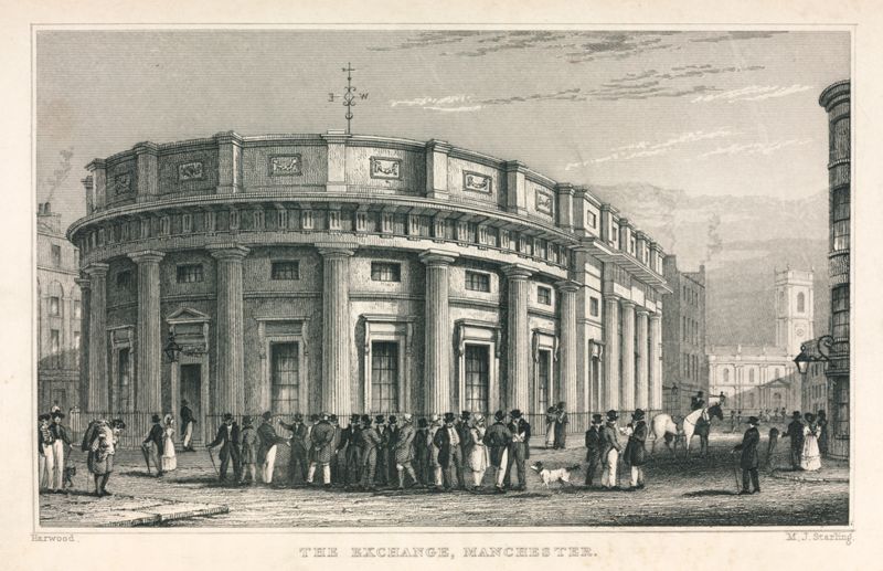 Gravura da Bolsa de Valores do Algodão em Manchester, no Reino Unido, em 1835