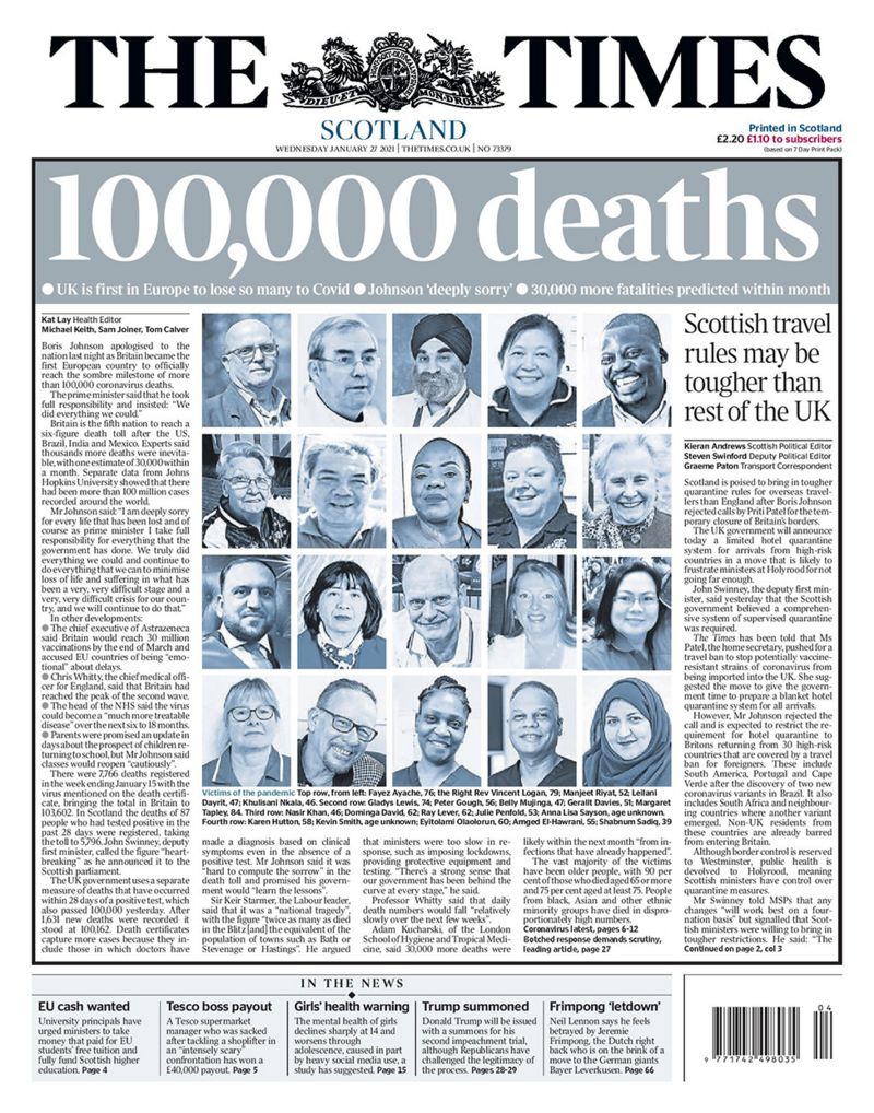 Scotland's papers UK's Covid death toll passes 100,000 people BBC News