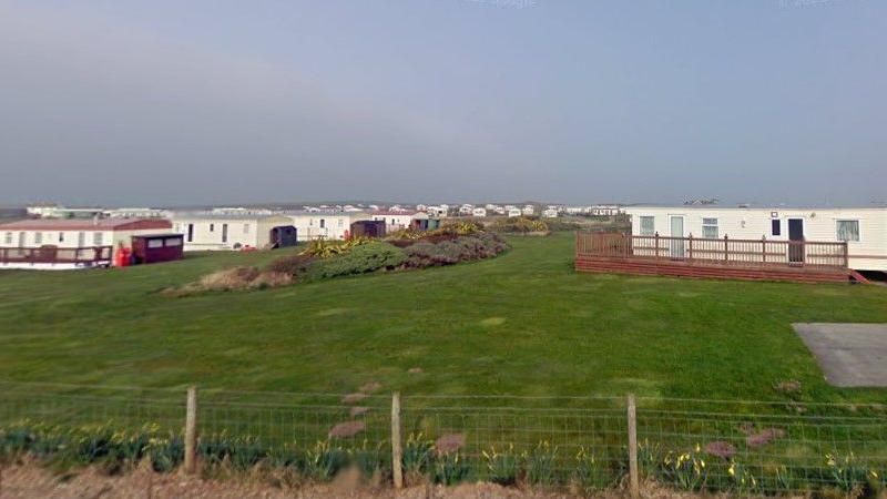 A fence surrounded by daffodils with caravans in the distance at South End Caravan Park