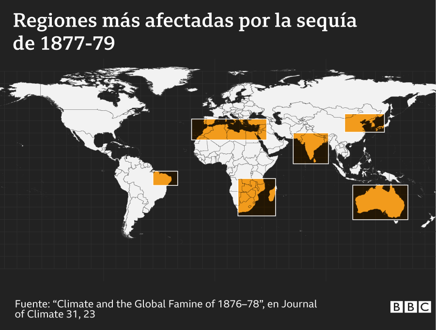 Mapa que muestra las regiones del mundo afectadas por el fenómeno climático que generó la sequía en 1877