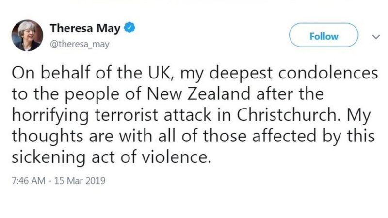 Theresa May's Tweet about NZ attacks