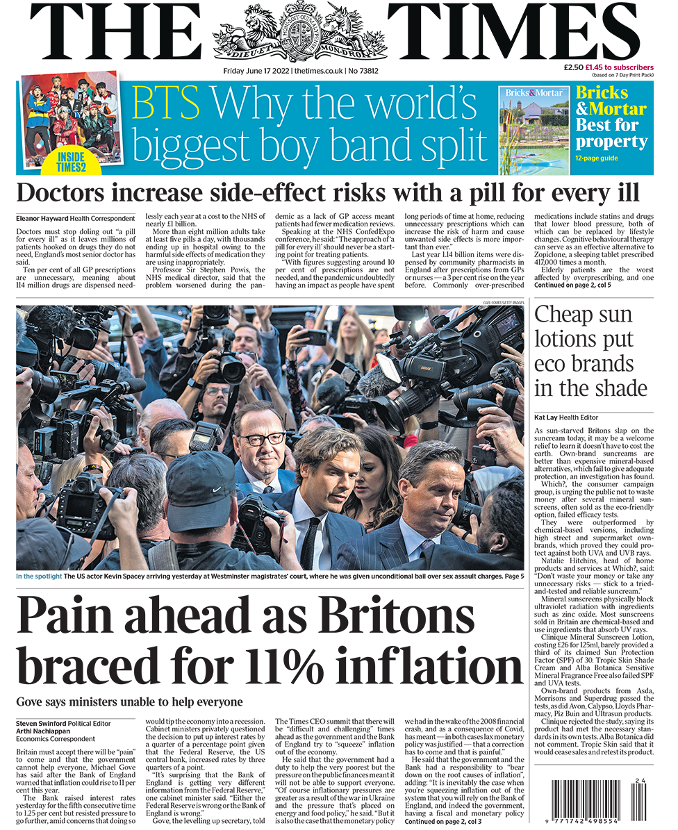 Newspaper headlines Warnings of 'pain ahead' with inflation to hit 11