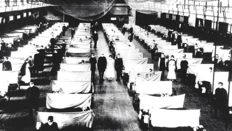 Hospital com pacientes de gripe espanhola em 1918