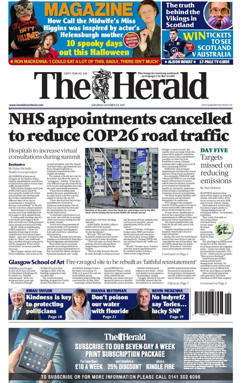 Scotland's Papers: Appointments Cut For COP26 And 'hot Gun' Horror ...