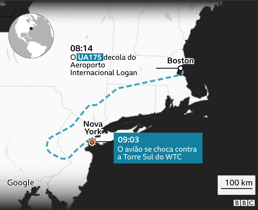 Infográfico do percurso do voo UA175 de Boston até Nova York