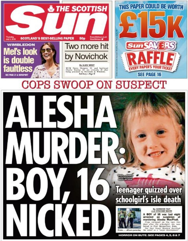 The papers: Alesha murder police arrest boy on Bute - BBC News