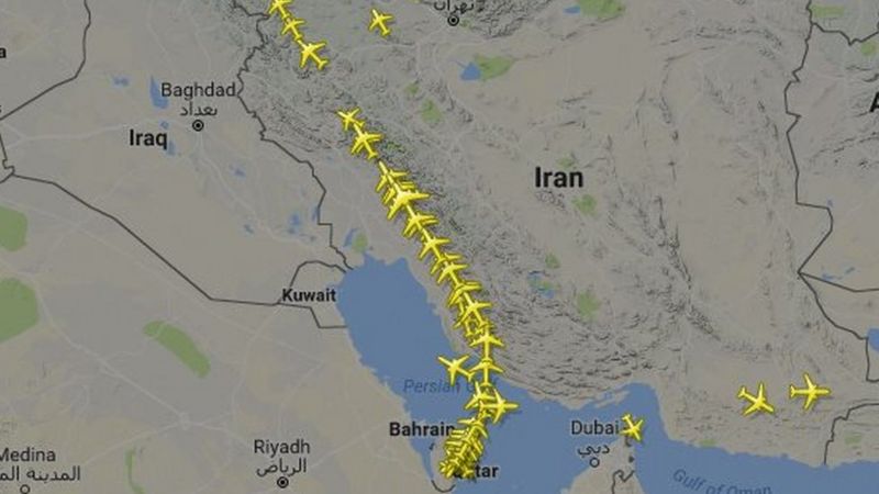 Map showing route of Qatar Airways flights on Tuesday, 6 June