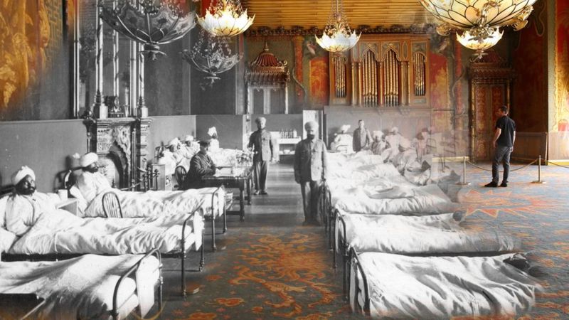 Composite image showing Indian soldiers of the British Army during World War One being treated at the Brighton Pavilion back in the UK, merged with what the Pavillion looks like now.